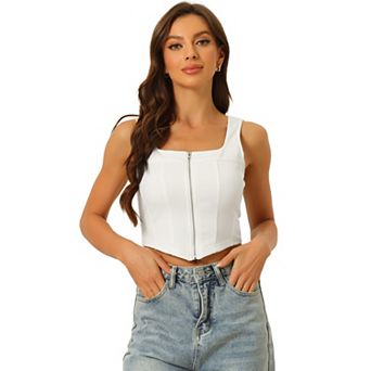 Women's Square Neck Asymmetrical Hem Zip Front Crop Cami Tank Tops