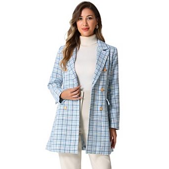 Women's Elegant Plaid Double Breasted Notched Lapel Tweed Blazer Coat