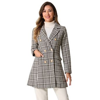 Women's Elegant Plaid Double Breasted Notched Lapel Tweed Blazer Coat