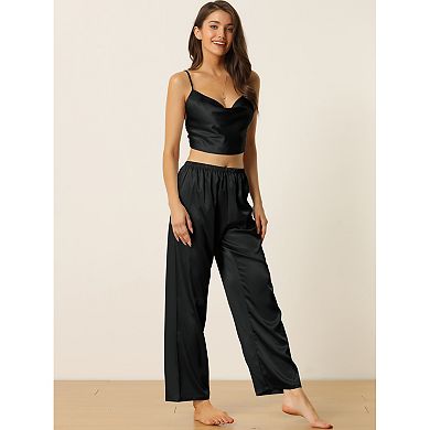 Womens Satin Pajamas Cowl Neck Sleeveless Crop Cami Sleepwear With Pants Sliky Lounge Set