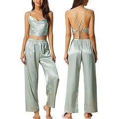 cheibear Womens Satin Sleepwear Cowl Neck Cami Top with Long Pant