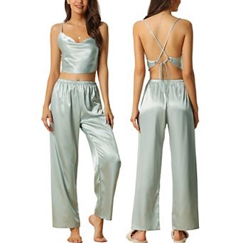 Womens Satin Pajamas Cowl Neck Sleeveless Crop Cami Sleepwear With Pants Sliky Lounge Set