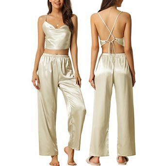 Womens Satin Pajamas Cowl Neck Sleeveless Crop Cami Sleepwear With Pants Sliky Lounge Set