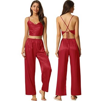 Womens Satin Pajamas Cowl Neck Sleeveless Crop Cami Sleepwear With Pants Sliky Lounge Set