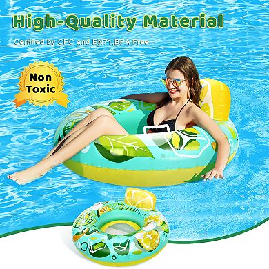 Inflatable Lounger Pool Float with a Rubber Handle and a Drink Holder