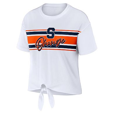 Women's WEAR by Erin Andrews White Syracuse Orange Striped Front Knot Cropped T-Shirt