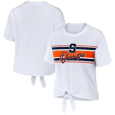 Women's WEAR by Erin Andrews White Syracuse Orange Striped Front Knot Cropped T-Shirt