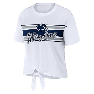 Women's WEAR by Erin Andrews White Penn State Nittany Lions Striped Front Knot Cropped T-Shirt