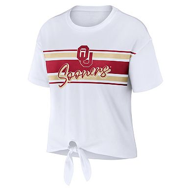 Women's WEAR by Erin Andrews White Oklahoma Sooners Striped Front Knot Cropped T-Shirt