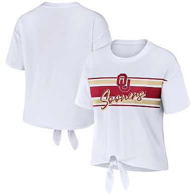 Women's WEAR by Erin Andrews White Oklahoma Sooners Striped Front Knot Cropped T-Shirt