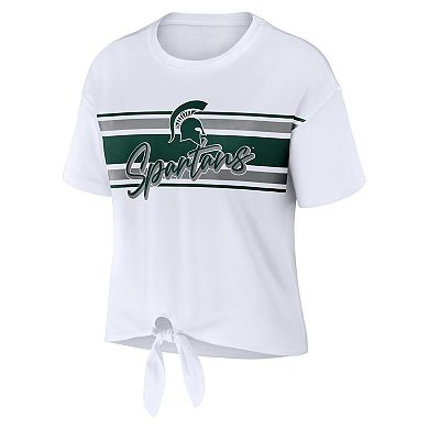Women's WEAR by Erin Andrews White Michigan State Spartans Striped Front Knot Cropped T-Shirt