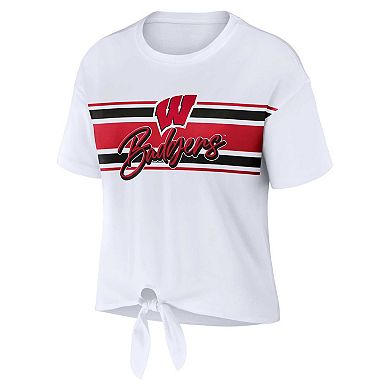 Women's WEAR by Erin Andrews White Wisconsin Badgers Striped Front Knot Cropped T-Shirt