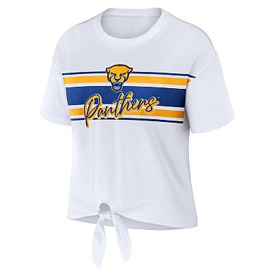 Women's WEAR by Erin Andrews White Pitt Panthers Striped Front Knot Cropped T-Shirt