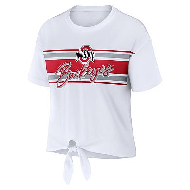 Women's WEAR by Erin Andrews White Ohio State Buckeyes Striped Front Knot Cropped T-Shirt