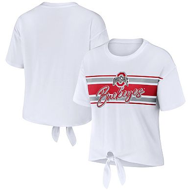 Women's WEAR by Erin Andrews White Ohio State Buckeyes Striped Front Knot Cropped T-Shirt