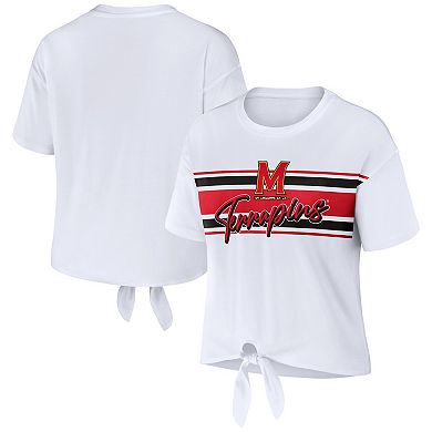 Women's WEAR by Erin Andrews White Maryland Terrapins Striped Front Knot Cropped T-Shirt