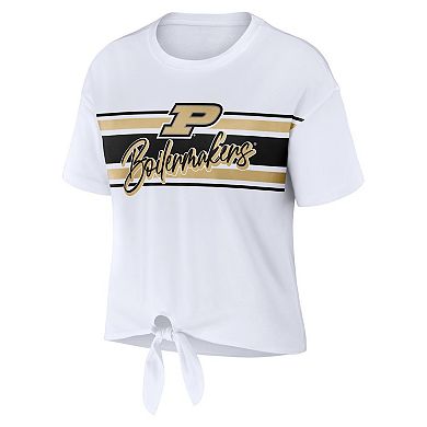 Women's WEAR by Erin Andrews White Purdue Boilermakers Striped Front Knot Cropped T-Shirt