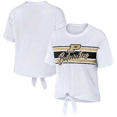 Women's WEAR by Erin Andrews White Purdue Boilermakers Striped Front Knot Cropped T-Shirt