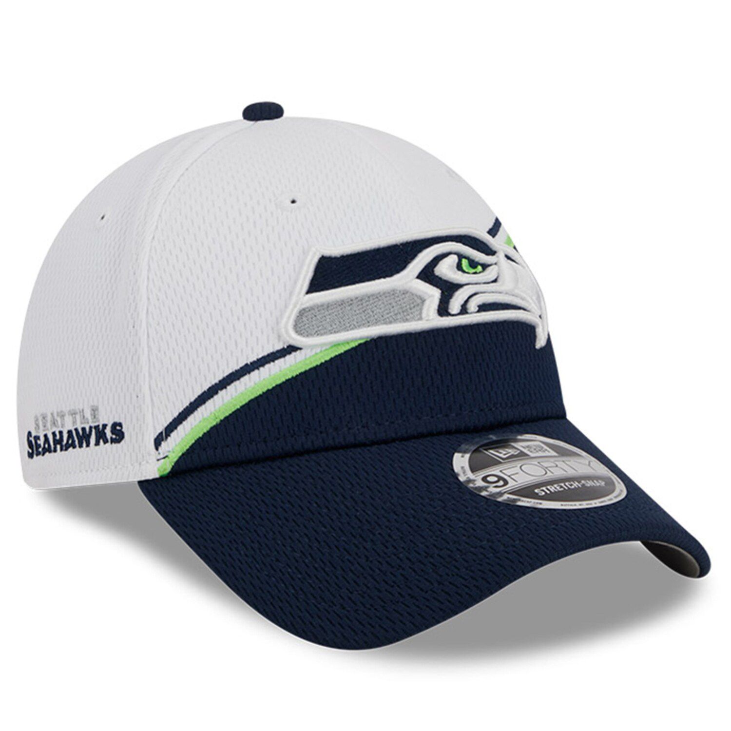 Men's New Era Cream/Blue Seattle Seahawks 2023 Sideline Historic Pom Cuffed Knit Hat