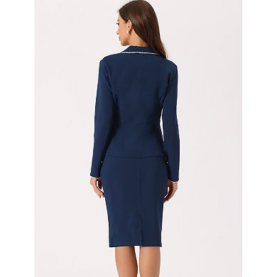 Women's 2 Pieces Business Suit Tweed Trim Blazer Jacket and Skirt Set