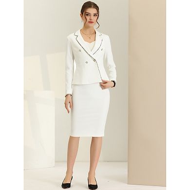Women's 2 Pieces Business Suit Tweed Trim Blazer Jacket and Skirt Set