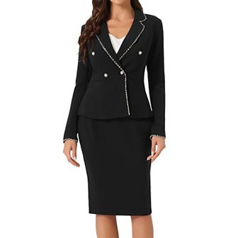 Women's 2 pc Business Suit Tweed Trim Blazer Jacket and Skirt Set