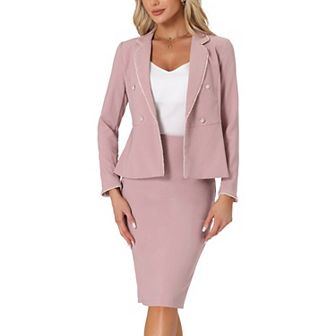 Women's 2 pc Business Suit Tweed Trim Blazer Jacket and Skirt Set