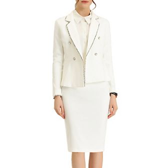 Women's 2 pc Business Suit Tweed Trim Blazer Jacket and Skirt Set