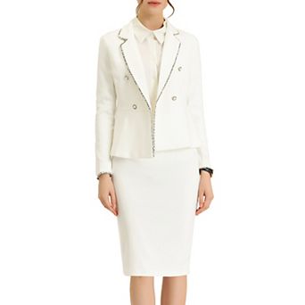Women's 2 pc Business Suit Tweed Trim Blazer Jacket and Skirt Set
