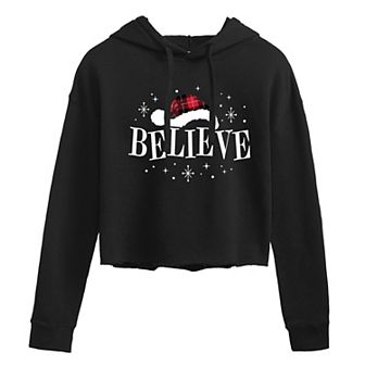 Juniors' Believe Plaid Santa Hat Cropped Hoodie