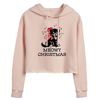 Juniors' Vintage Meowy Christmas Cropped Hoodie