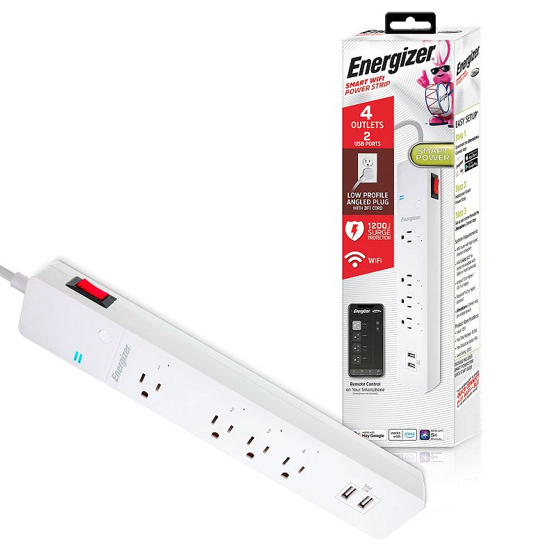 Energizer Smart Wi-Fi 4 Outlet 2 USB Ports Power Surge Protector, White
