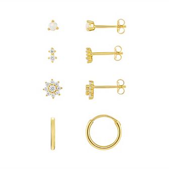PRIMROSE 18k Gold Plated Opal Stud, Cubic Zirconia Stud & Endless Hoop 4 Pair Earring Set