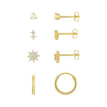 PRIMROSE 18k Gold Plated Opal Stud, Cubic Zirconia Stud & Endless Hoop 4 Pair Earring Set