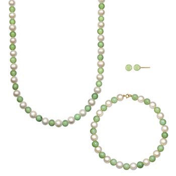 14k Gold Freshwater Cultured Pearl & Jade Necklace, Bracelet & Stud Earring Set