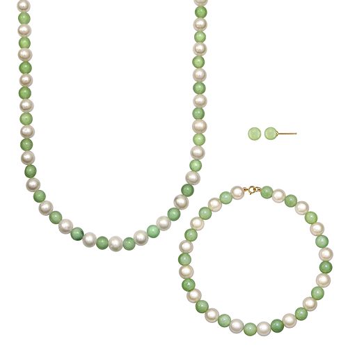 14k Gold Freshwater Cultured Pearl & Jade Necklace, Bracelet & Stud