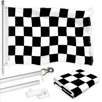 G128 Combo Set: Flag Pole Silver + Bracket 1 pk AND Checkered Flag 150D 1 pk