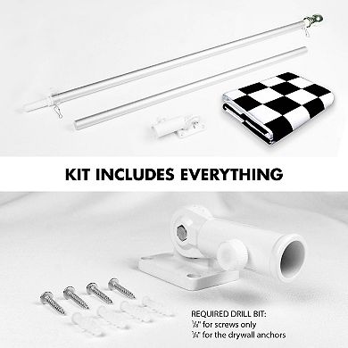 G128 Combo Set: Flag Pole Silver + Bracket 1PK AND Checkered Flag 150D 1PK