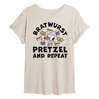 Juniors' Peanuts Bratwurst Pretzel Repeat Oversized Tee