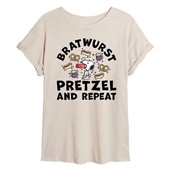 Juniors' Peanuts Bratwurst Pretzel Repeat Oversized Tee