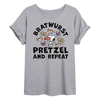 Juniors' Peanuts Bratwurst Pretzel Repeat Oversized Tee