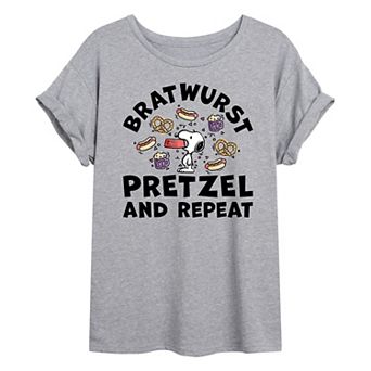Juniors' Peanuts Bratwurst Pretzel Repeat Oversized Tee