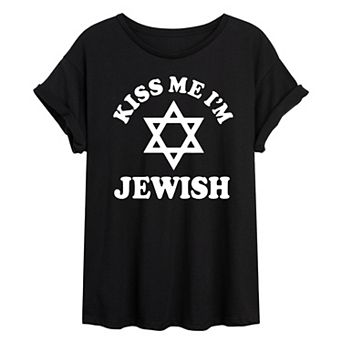 Juniors' Kiss Me I'm Jewish Oversized Tee