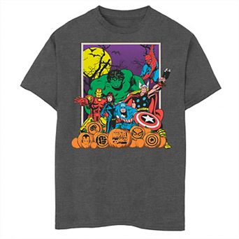Boys Marvel Comics Retro Avengers Halloween Collage Poster Husky Graphic Tee