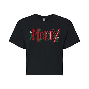 Juniors' Merry With Garland Cropped Tee