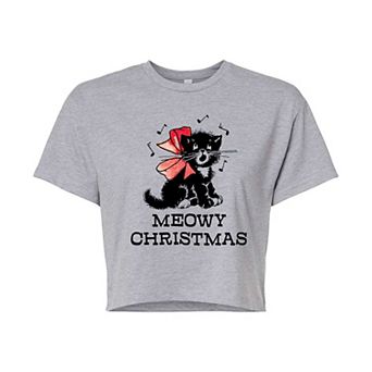 Juniors' Vintage Meowy Christmas Cropped Tee