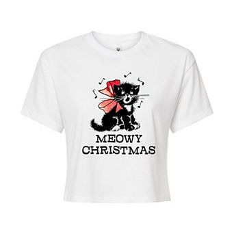 Juniors' Vintage Meowy Christmas Cropped Tee
