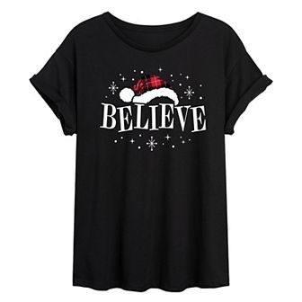 Juniors' Believe Plaid Santa Hat Oversized Tee