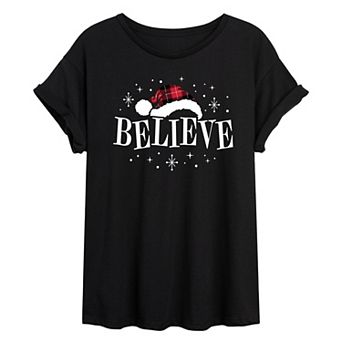 Juniors' Believe Plaid Santa Hat Oversized Tee