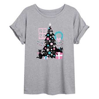 Juniors' Cats and Christmas Tree Oversized Tee